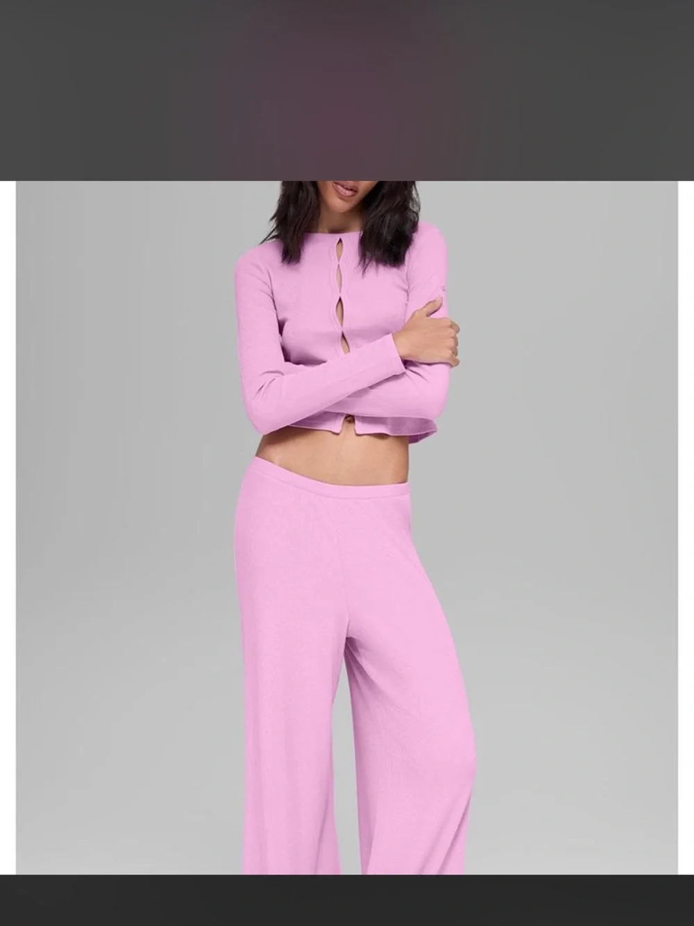 Alo Pink Ribbed Zip-Up Top and Matching Pants Set